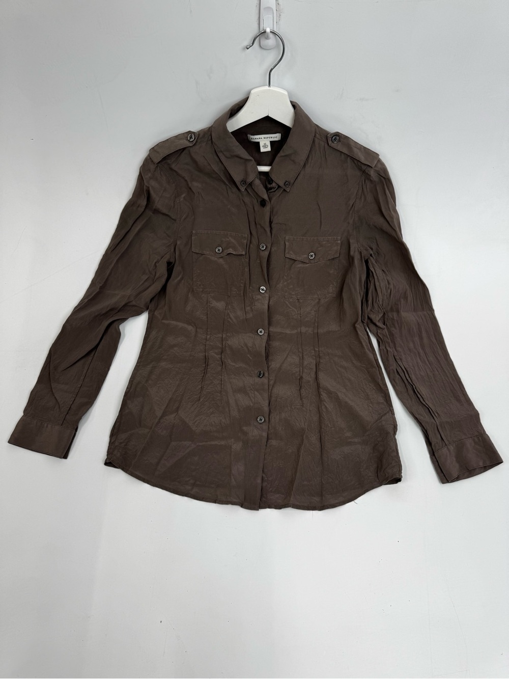 Banana Republic Taupe Button-Front Utility shirt Silk Size 12